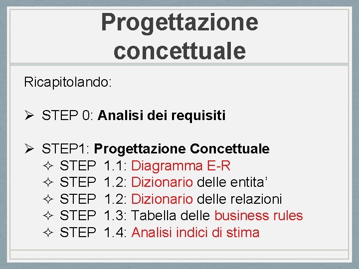 Progettazione concettuale Ricapitolando: Ø STEP 0: Analisi dei requisiti Ø STEP 1: Progettazione Concettuale
