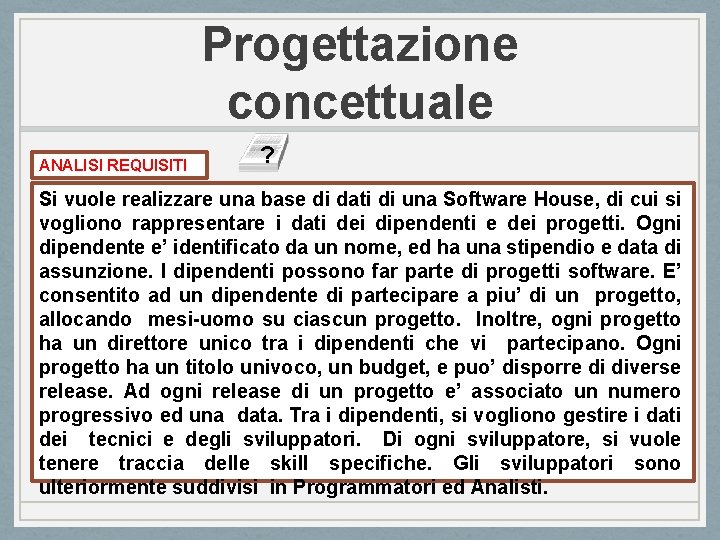 Progettazione concettuale ANALISI REQUISITI ? Si vuole realizzare una base di dati di una