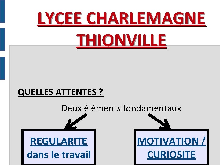 LYCEE CHARLEMAGNE THIONVILLE QUELLES ATTENTES ? Deux éléments fondamentaux REGULARITE dans le travail MOTIVATION