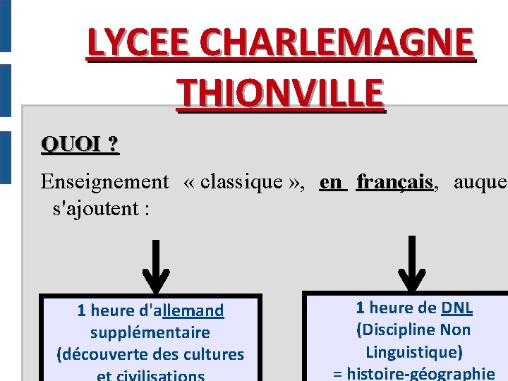 LYCEE CHARLEMAGNE THIONVILLE QUOI ? Enseignement « classique » , en français, auquel s'ajoutent