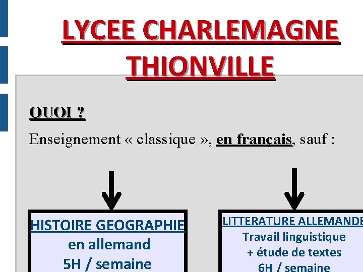 LYCEE CHARLEMAGNE THIONVILLE QUOI ? Enseignement « classique » , en français, sauf :