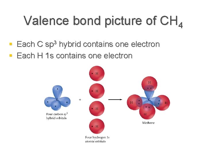 Valence bond picture of CH 4 § Each C sp 3 hybrid contains one