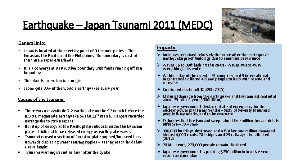 Earthquake – Japan Tsunami 2011 (MEDC) General Info: • Japan Is located at the