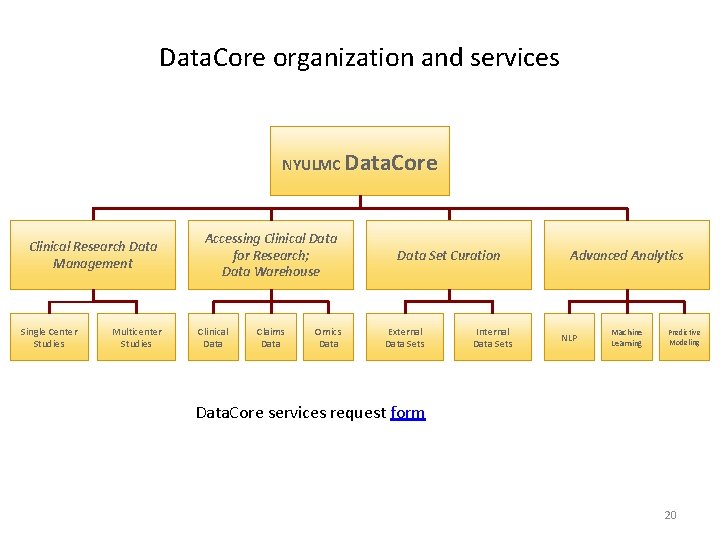 Data. Core organization and services NYULMC Data. Core Clinical Research Data Management Single Center