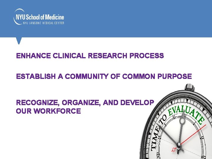 ENHANCE CLINICAL RESEARCH PROCESS ESTABLISH A COMMUNITY OF COMMON PURPOSE RECOGNIZE, ORGANIZE, AND DEVELOP