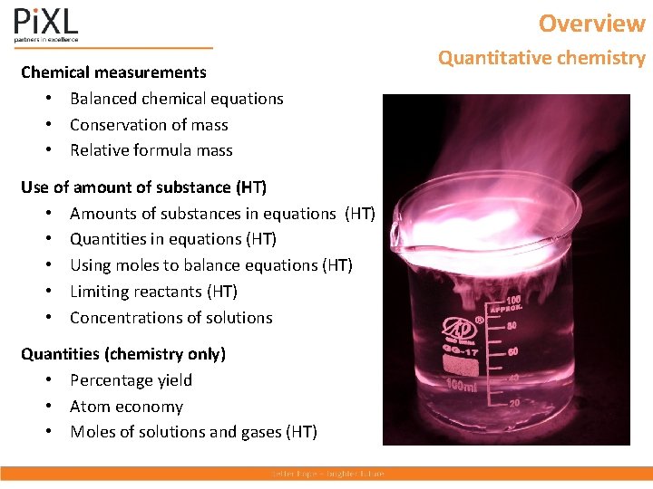 Overview Chemical measurements • Balanced chemical equations • Conservation of mass • Relative formula