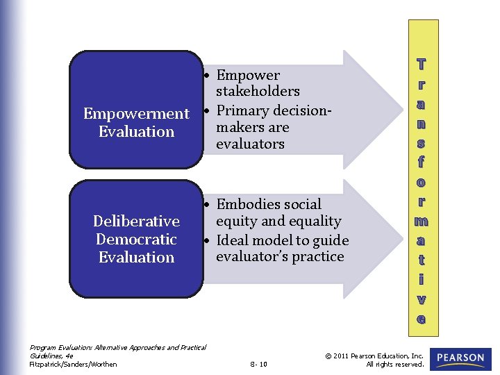  • Empower stakeholders Empowerment • Primary decisionmakers are Evaluation evaluators Deliberative Democratic Evaluation