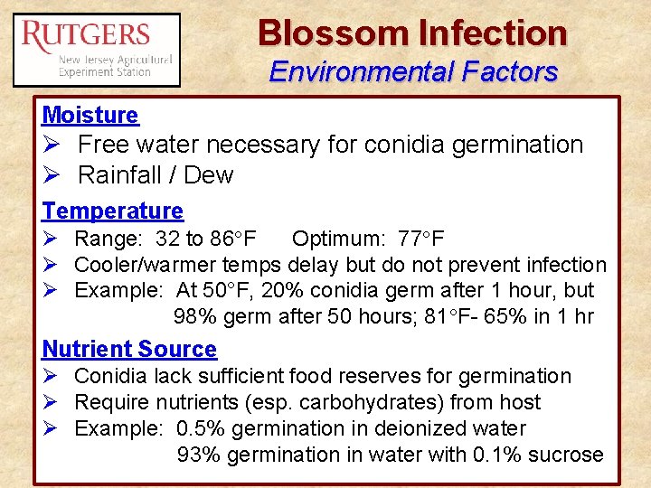 Blossom Infection Environmental Factors Moisture Ø Free water necessary for conidia germination Ø Rainfall