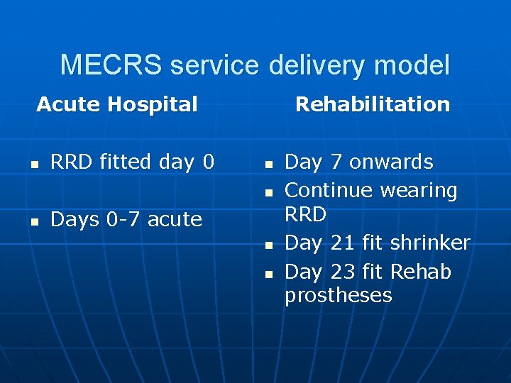 MECRS service delivery model Acute Hospital n RRD fitted day 0 Rehabilitation n Days