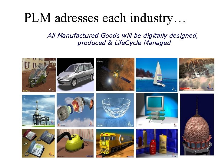 PLM adresses each industry… All Manufactured Goods will be digitally designed, produced & Life. PLM adresses each industry… All Manufactured Goods will be digitally designed, produced & Life.