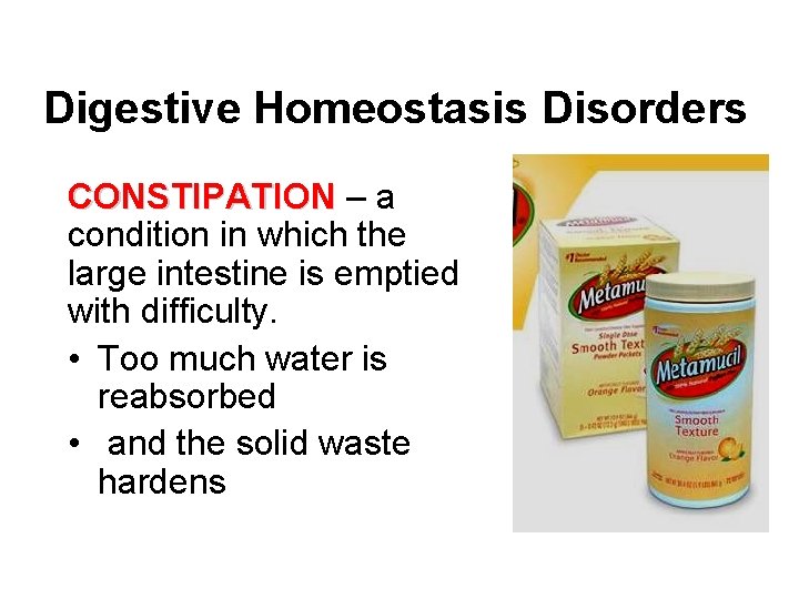 Digestive Homeostasis Disorders CONSTIPATION – a condition in which the large intestine is emptied