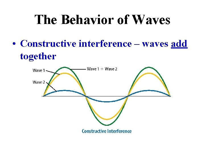 The Behavior of Waves • Constructive interference – waves add together 