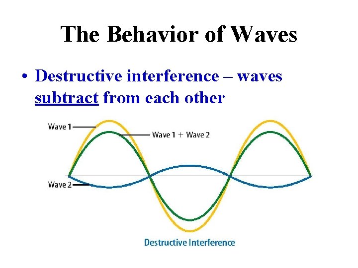 The Behavior of Waves • Destructive interference – waves subtract from each other 