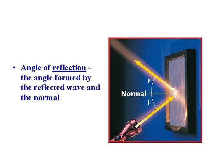  • Angle of reflection – the angle formed by the reflected wave and