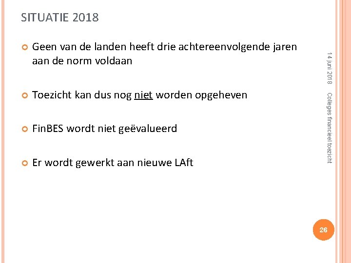 SITUATIE 2018 Toezicht kan dus nog niet worden opgeheven Fin. BES wordt niet geëvalueerd