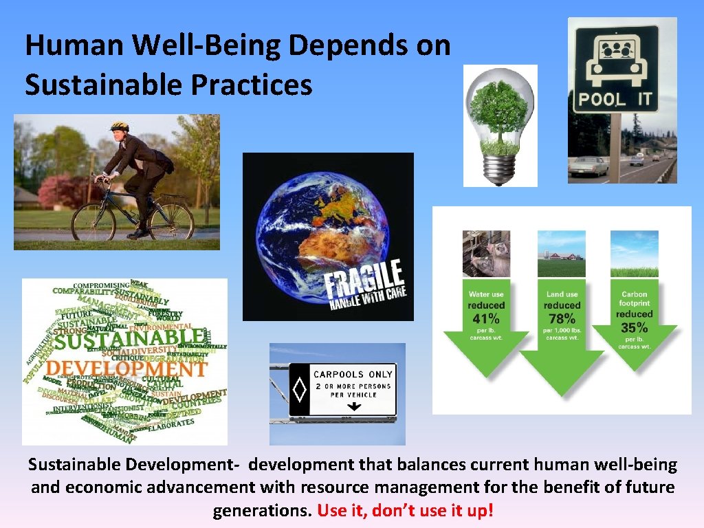 Human Well-Being Depends on Sustainable Practices Sustainable Development- development that balances current human well-being