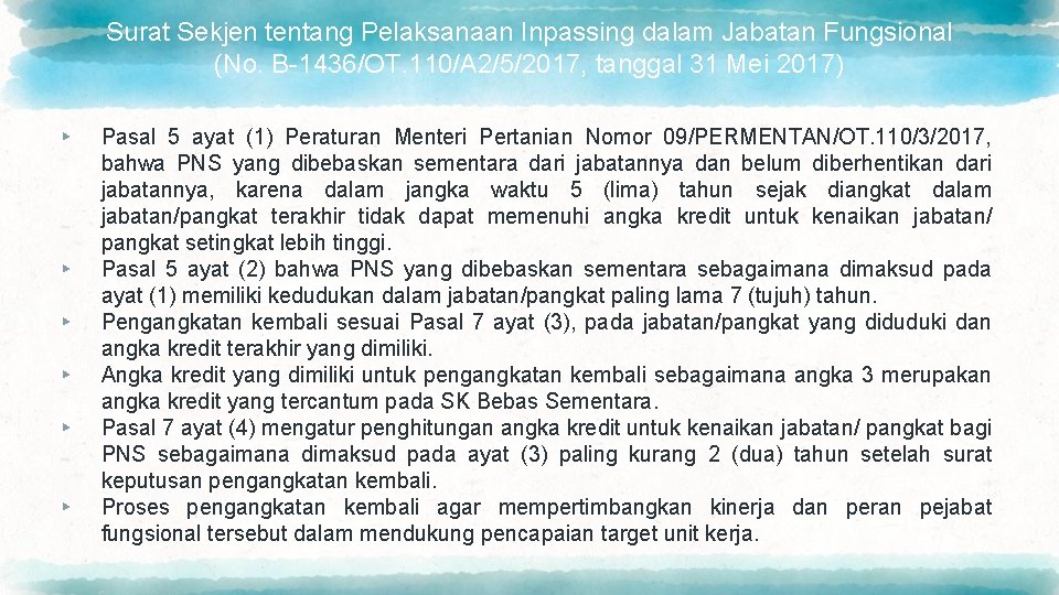 Surat Sekjen tentang Pelaksanaan Inpassing dalam Jabatan Fungsional (No. B-1436/OT. 110/A 2/5/2017, tanggal 31