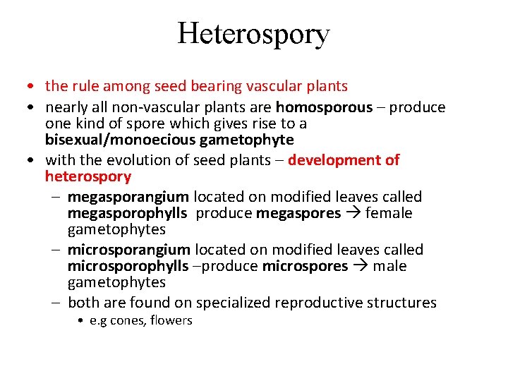 Heterospory • the rule among seed bearing vascular plants • nearly all non-vascular plants