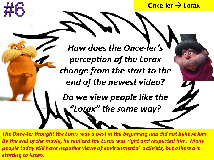 Once-ler Lorax How does the Once-ler’s perception of the Lorax change from the start