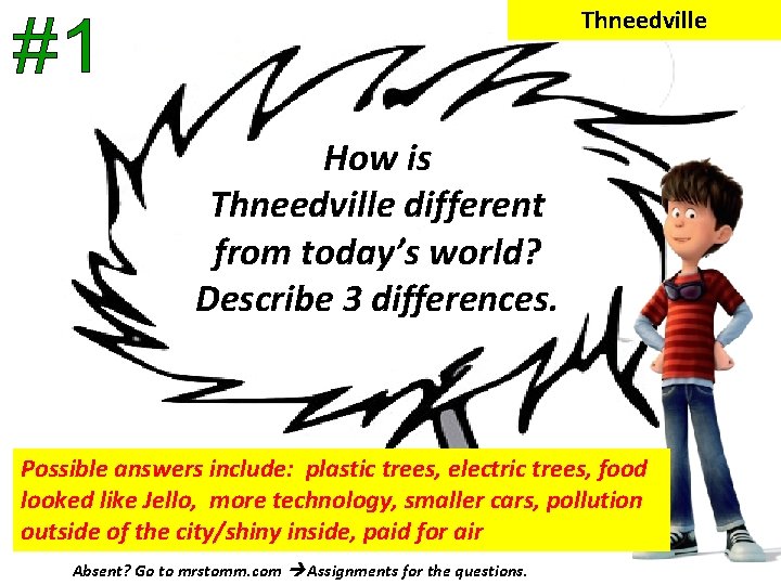 Thneedville How is Thneedville different from today’s world? Describe 3 differences. Possible answers include: