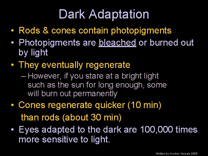 Dark Adaptation • Rods & cones contain photopigments • Photopigments are bleached or burned