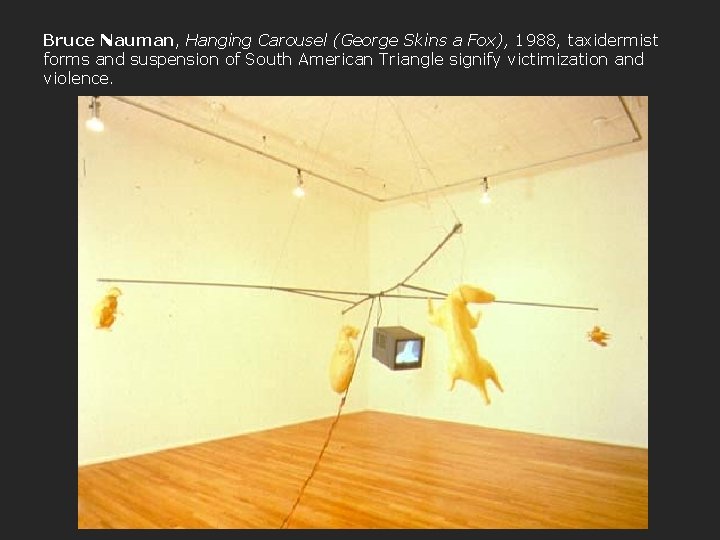 Bruce Nauman, Hanging Carousel (George Skins a Fox), 1988, taxidermist forms and suspension of