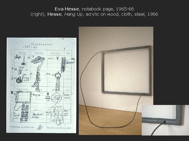 Eva Hesse, notebook page, 1965 -66 (right), Hesse, Hang Up, acrylic on wood, cloth,