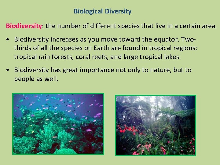 Biological Diversity Biodiversity: the number of different species that live in a certain area.