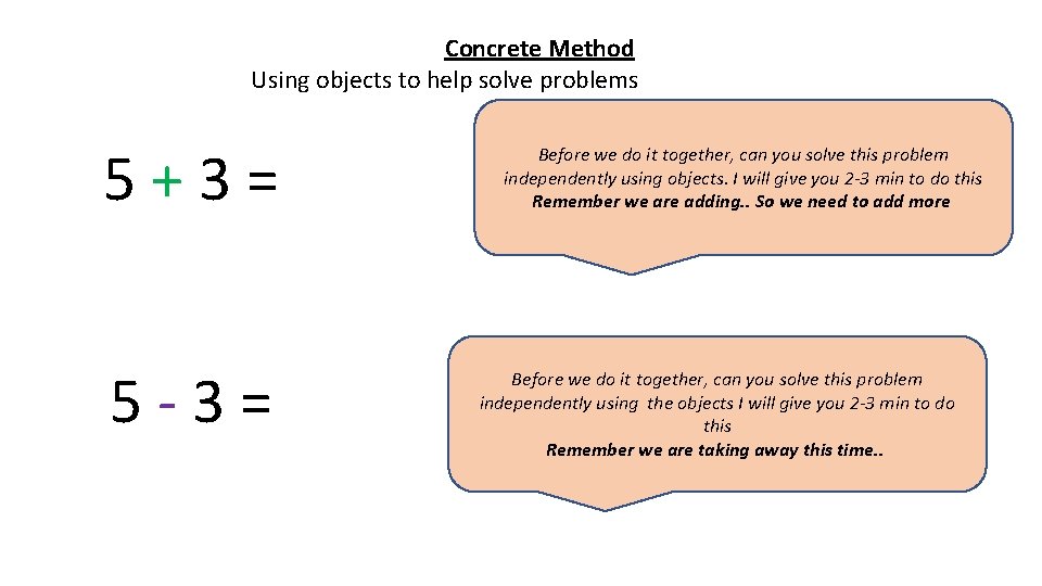 Concrete Method Using objects to help solve problems 5 + 3 = 5 -
