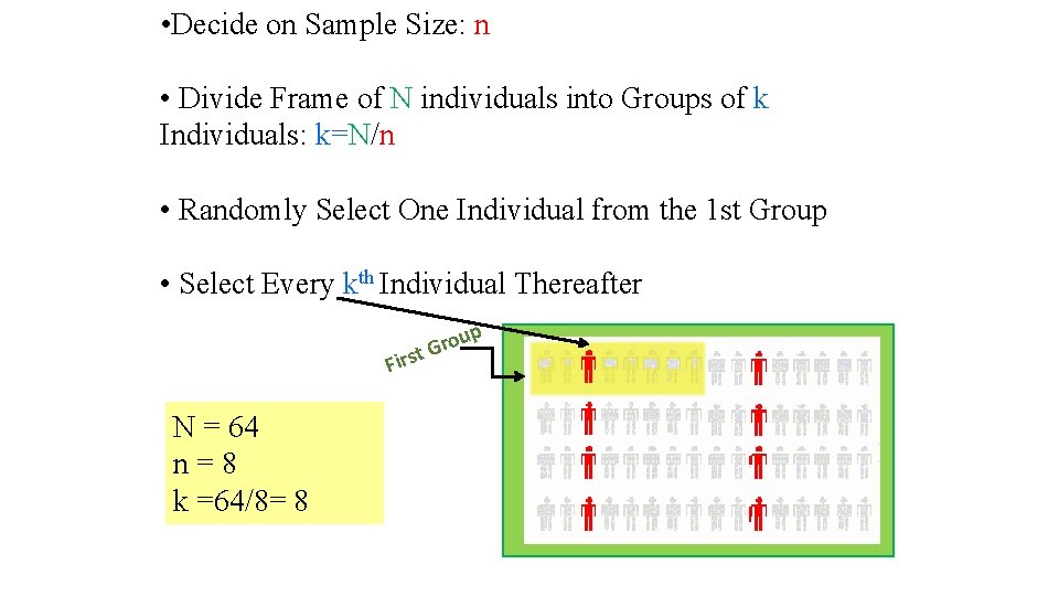  • Decide on Sample Size: n • Divide Frame of N individuals into