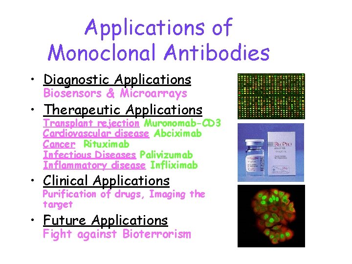 Applications of Monoclonal Antibodies • Diagnostic Applications Biosensors & Microarrays • Therapeutic Applications Transplant