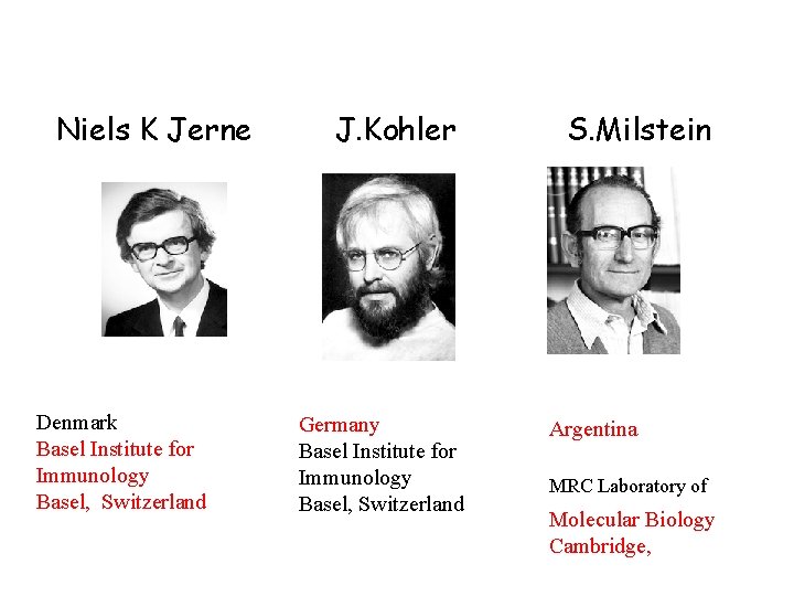 Niels K Jerne Denmark Basel Institute for Immunology Basel, Switzerland J. Kohler Germany Basel