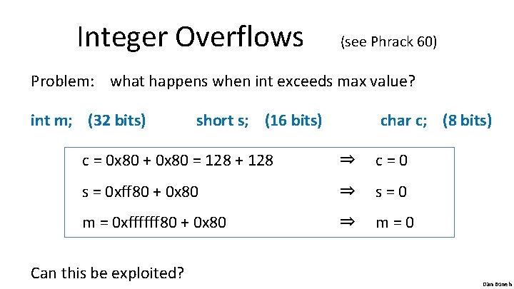 Integer Overflows (see Phrack 60) Problem: what happens when int exceeds max value? int
