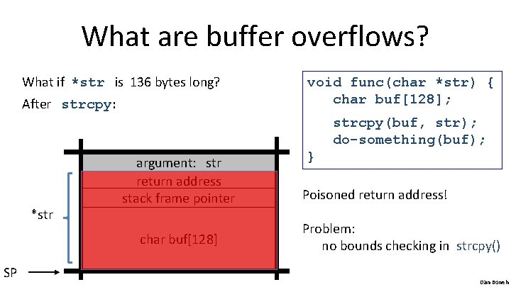 What are buffer overflows? What if *str is 136 bytes long? After strcpy: void