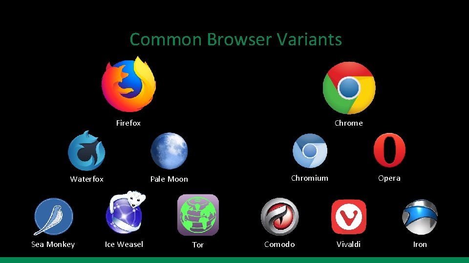 Common Browser Variants Firefox Waterfox Sea Monkey Chrome Chromium Pale Moon Ice Weasel Tor