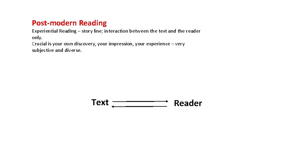 Post-modern Reading Experiential Reading – story line; interaction between the text and the reader