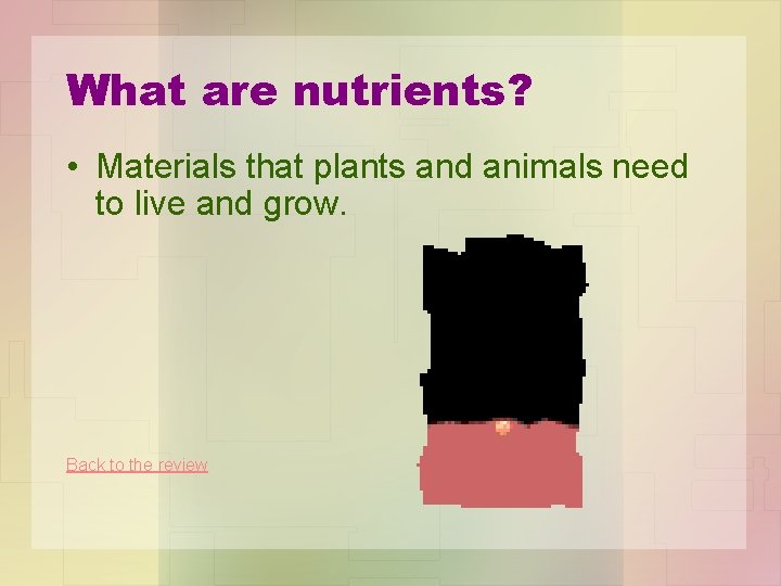 What are nutrients? • Materials that plants and animals need to live and grow.