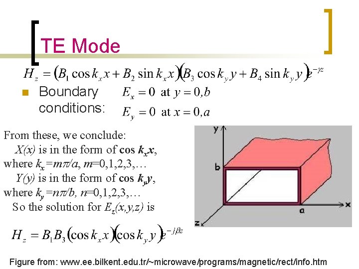 TE Mode n Boundary conditions: From these, we conclude: X(x) is in the form TE Mode n Boundary conditions: From these, we conclude: X(x) is in the form