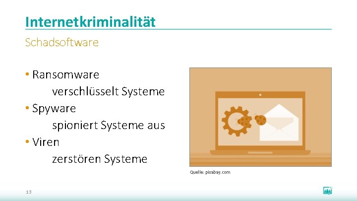 Internetkriminalität Schadsoftware • Ransomware verschlüsselt Systeme • Spyware spioniert Systeme aus • Viren zerstören