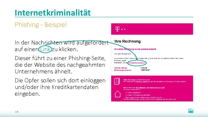 Internetkriminalität Phishing - Beispiel In der Nachrichten wird aufgefordert auf einen Link zu klicken.