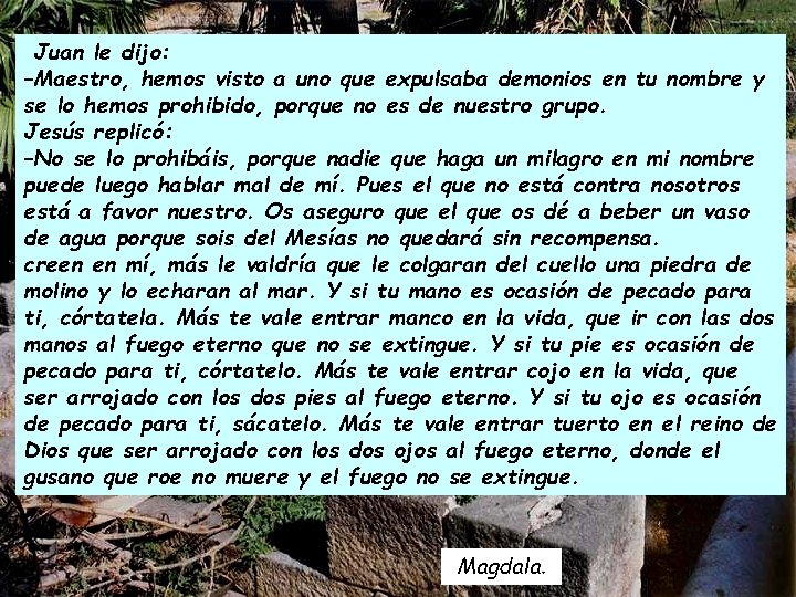 Juan le dijo: –Maestro, hemos visto a uno que expulsaba demonios en tu nombre