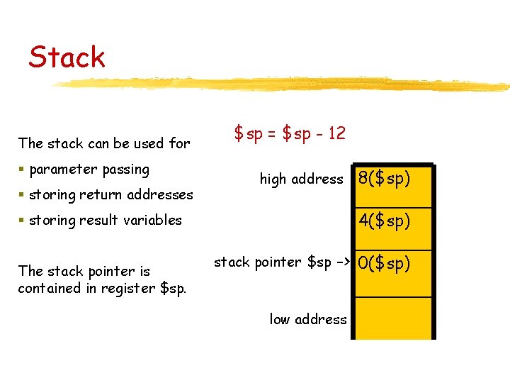 Stack The stack can be used for § parameter passing § storing return addresses