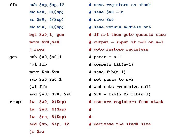 fib: gen: rreg: sub $sp, 12 # save registers on stack sw $a 0,