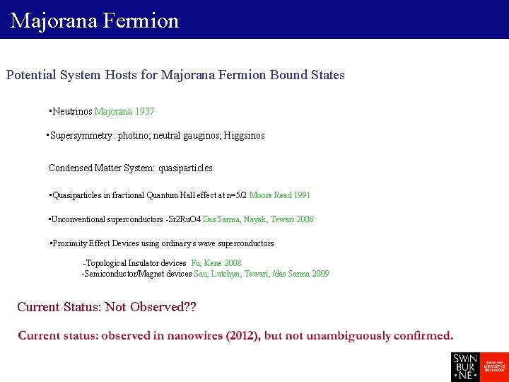 Majorana Fermion Potential System Hosts for Majorana Fermion Bound States • Neutrinos Majorana 1937
