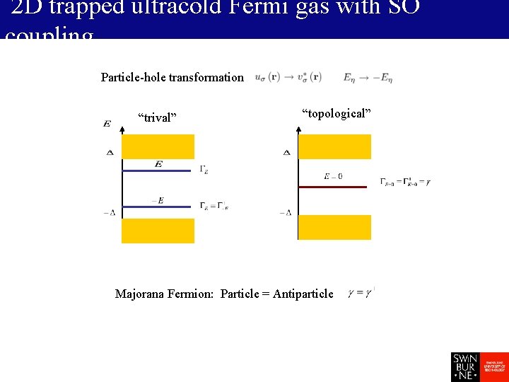 2 D trapped ultracold Fermi gas with SO coupling Particle-hole transformation “trival” “topological” Majorana