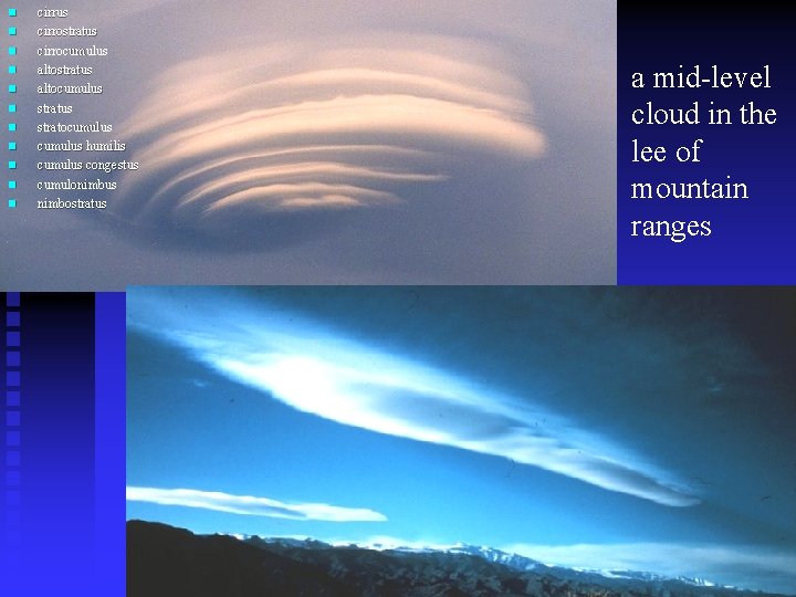 n n n cirrus cirrostratus cirrocumulus altostratus altocumulus stratocumulus humilis cumulus congestus cumulonimbus nimbostratus
