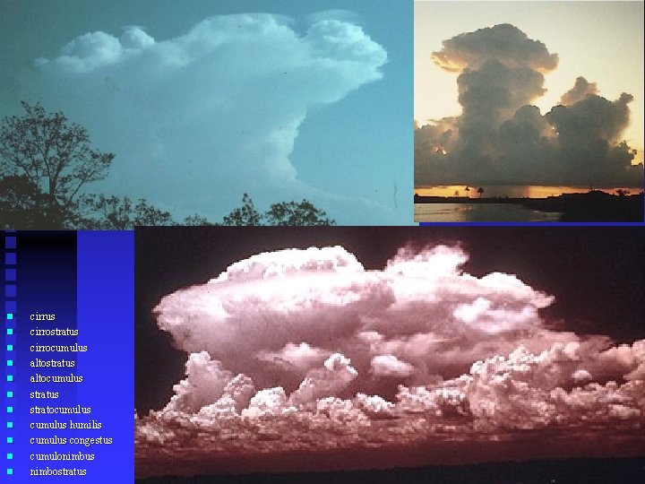 n n n cirrus cirrostratus cirrocumulus altostratus altocumulus stratocumulus humilis cumulus congestus cumulonimbus nimbostratus