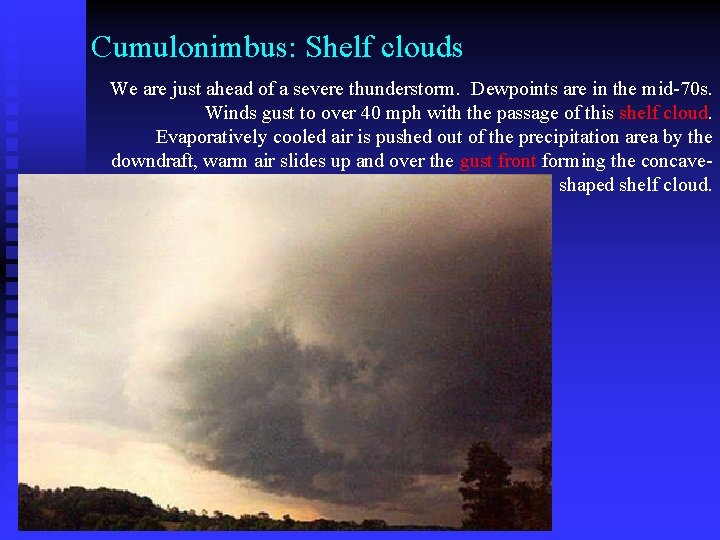 Cumulonimbus: Shelf clouds We are just ahead of a severe thunderstorm. Dewpoints are in