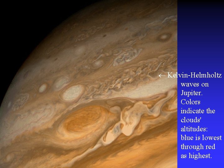  Kelvin-Helmholtz waves on Jupiter. Colors indicate the clouds' altitudes: blue is lowest through