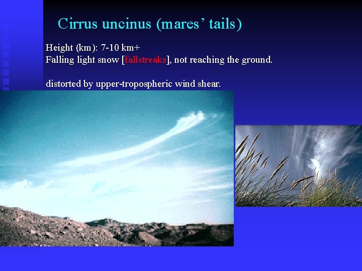 Cirrus uncinus (mares’ tails) Height (km): 7 -10 km+ Falling light snow [fallstreaks], not